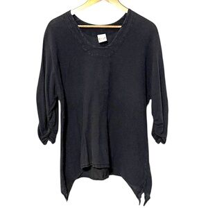 Oh My Gauze! Tunic 3/4 Scrunch Sleeve Shark Bite Hem Black Lagenlook Natural